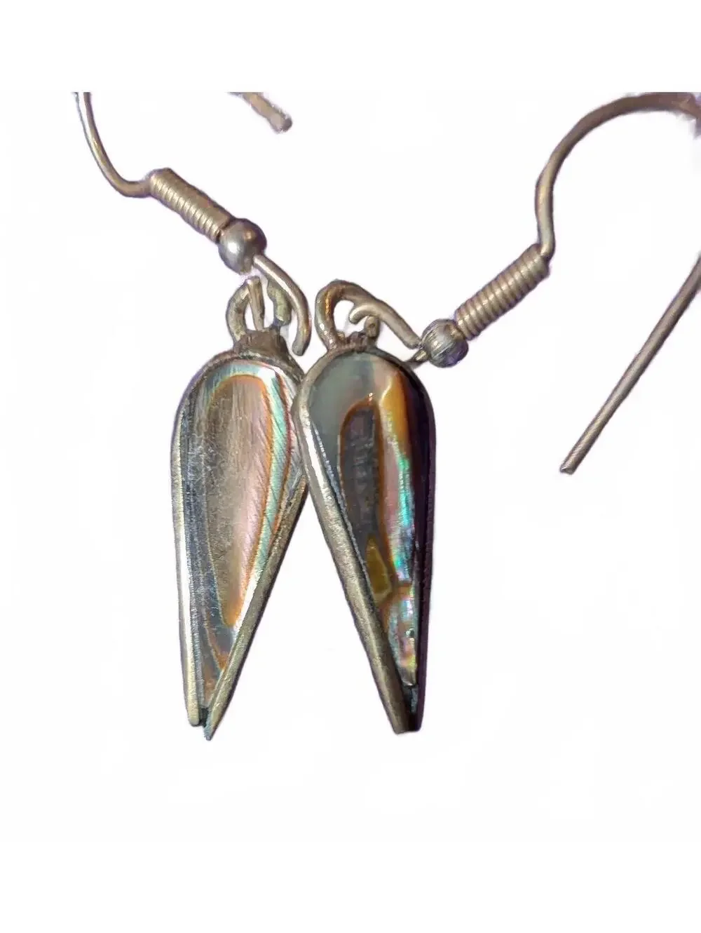 Vintage Alpaca Mexico Silver Tone Iridescent Teardrop Dangle Earrings